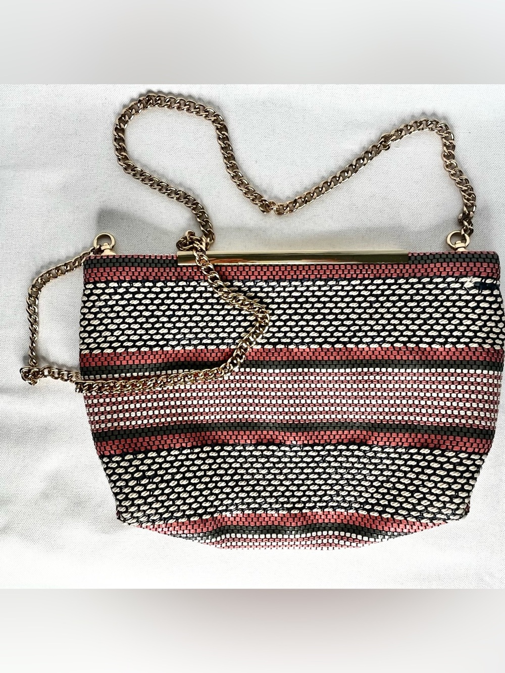 Boutique Woven Clutch Crossbody Salmon Pink Gray Cream Gold Chain Statement Bag